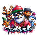 Cartoon Christmas characters with sunglasses including Santa, reindeer, gingerbread man, and snowman