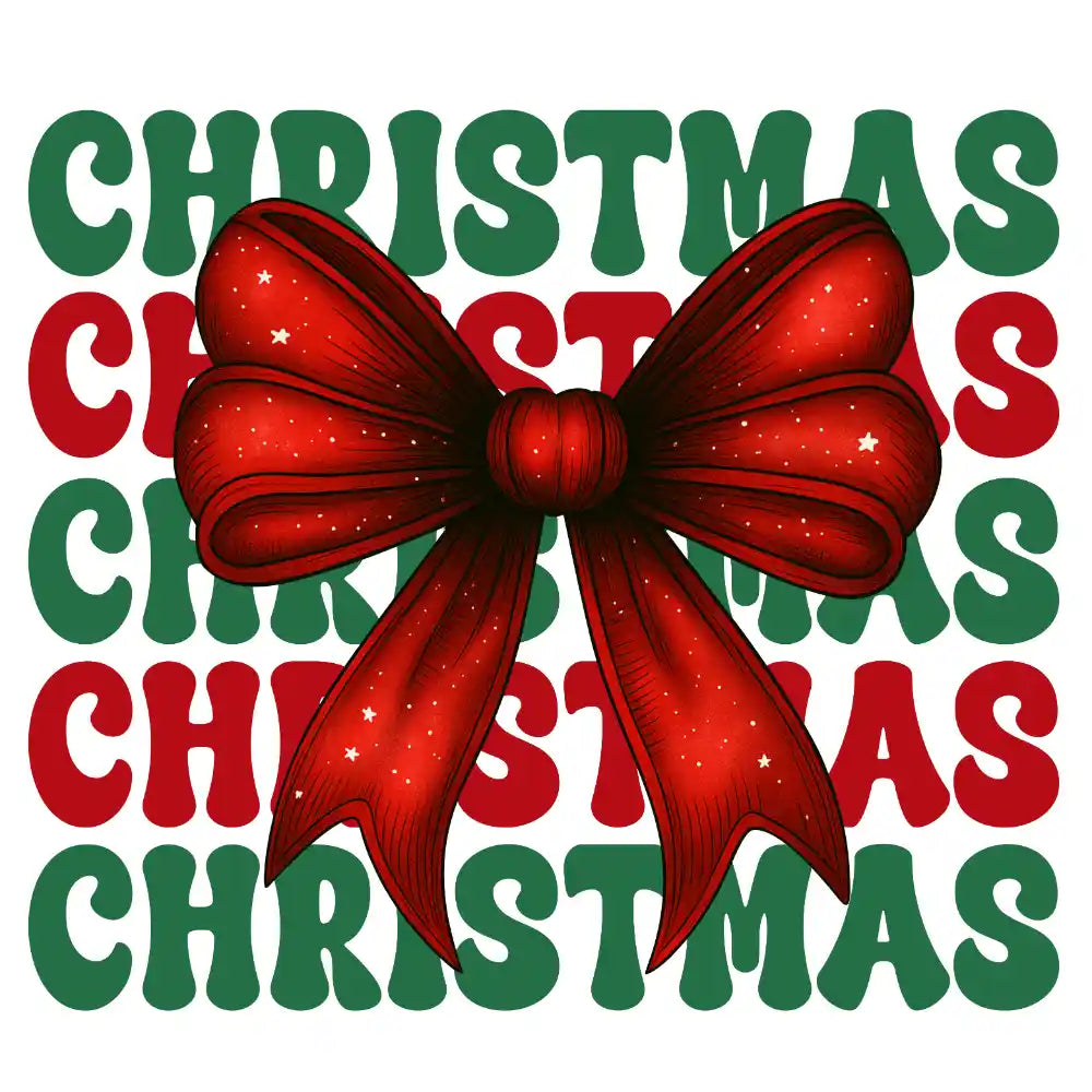 Festive red Christmas bow with starry texture on green and red Christmas repeated text background