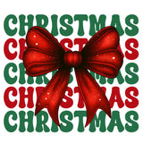 Festive red Christmas bow with starry texture on green and red Christmas repeated text background