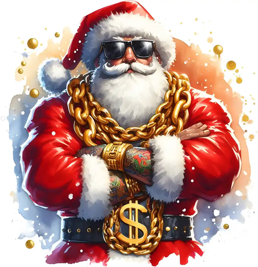 Festive Santa Claus wearing sunglasses, gold chain, and dollar sign pendant with tattoos