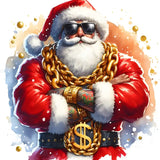 Festive Santa Claus wearing sunglasses, gold chain, and dollar sign pendant with tattoos