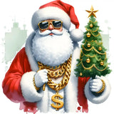Stylish Santa Claus wearing gold sunglasses and large gold chain with dollar sign, holding Christmas tree