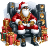Cool Santa Claus in red suit, gold chain, sunglasses, sitting on leather chair with speakers and gift boxes