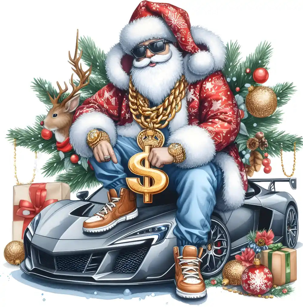 Stylish Santa Claus with sunglasses, gold chain, sitting on sports car surrounded by Christmas decorations
