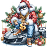 Stylish Santa Claus with sunglasses, gold chain, sitting on sports car surrounded by Christmas decorations