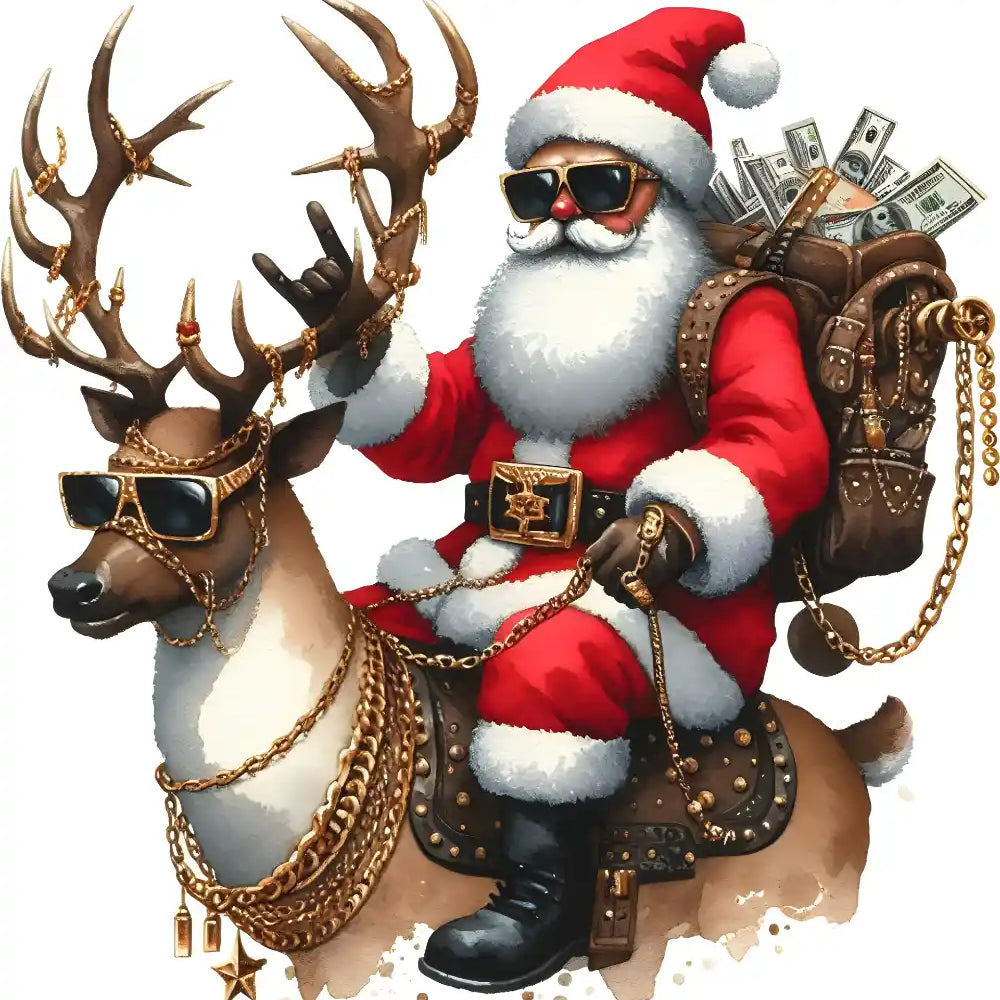 Stylish Santa Claus wearing sunglasses riding reindeer with gold chains and money bags