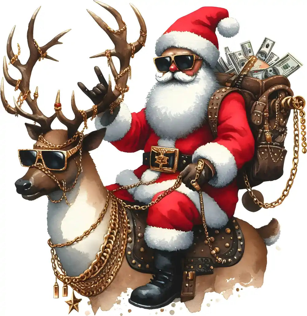 Stylish Santa Claus wearing sunglasses riding reindeer with gold chains and money bags