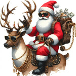 Stylish Santa Claus wearing sunglasses riding reindeer with gold chains and money bags