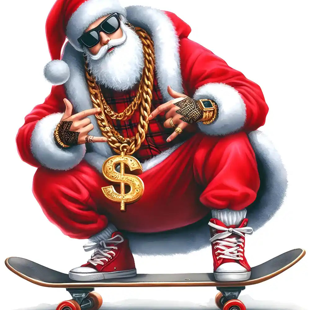 Stylish Santa Claus on skateboard wearing sunglasses, gold chains, and red outfit with dollar sign pendant