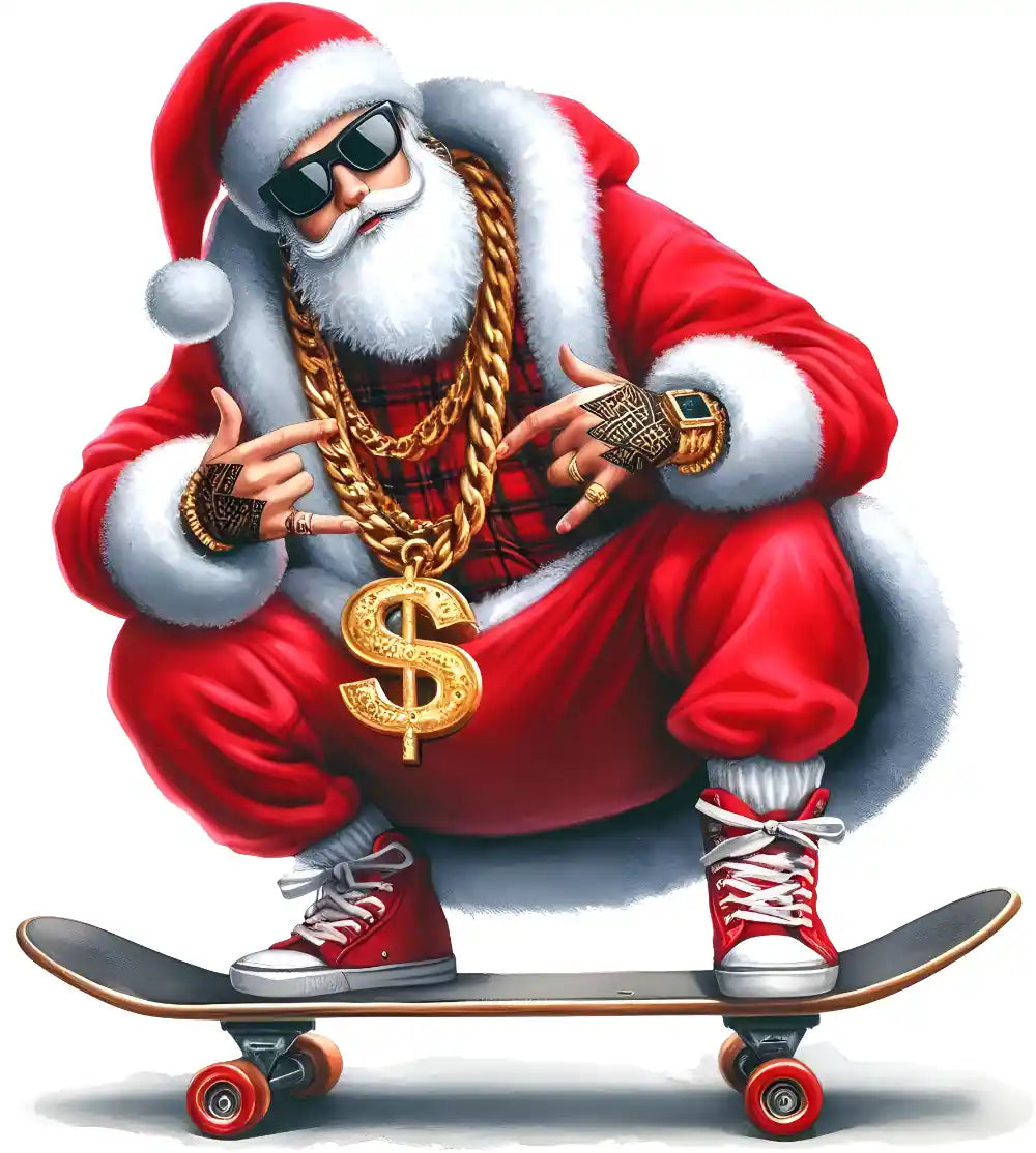 Stylish Santa Claus on skateboard wearing sunglasses, gold chains, and red outfit with dollar sign pendant
