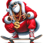 Stylish Santa Claus on skateboard wearing sunglasses, gold chains, and red outfit with dollar sign pendant