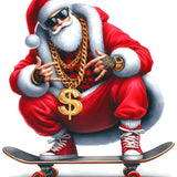 Stylish Santa Claus on skateboard wearing sunglasses, gold chains, and red outfit with dollar sign pendant
