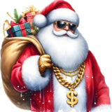 Stylish Santa Claus in red suit with sunglasses, gold chain, holding gift bag with presents