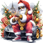 Stylish Santa with gold chain, sunglasses, tattoos, standing in front of luxury car with Christmas gifts and trees