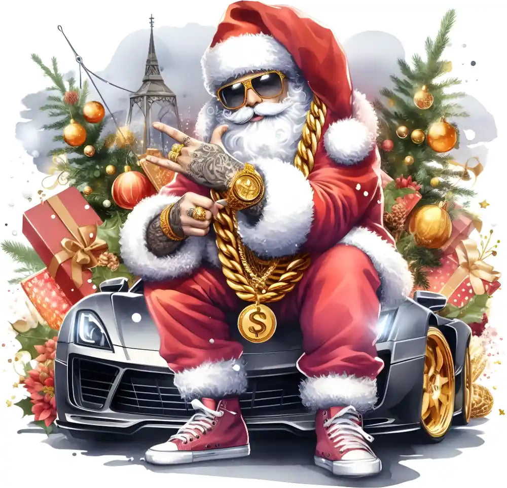 Stylish Santa with gold chain, sunglasses, tattoos, standing in front of luxury car with Christmas gifts and trees