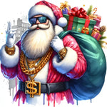 Stylish Santa Claus in sunglasses with gold chain, carrying colorful Christmas presents in red and green bag
