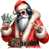 Stylish Santa wearing sunglasses, headphones, holding cash, gold dollar necklace, fur coat, peace sign