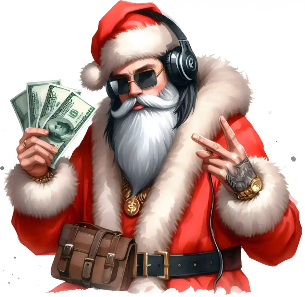 Stylish Santa wearing sunglasses, headphones, holding cash, gold dollar necklace, fur coat, peace sign