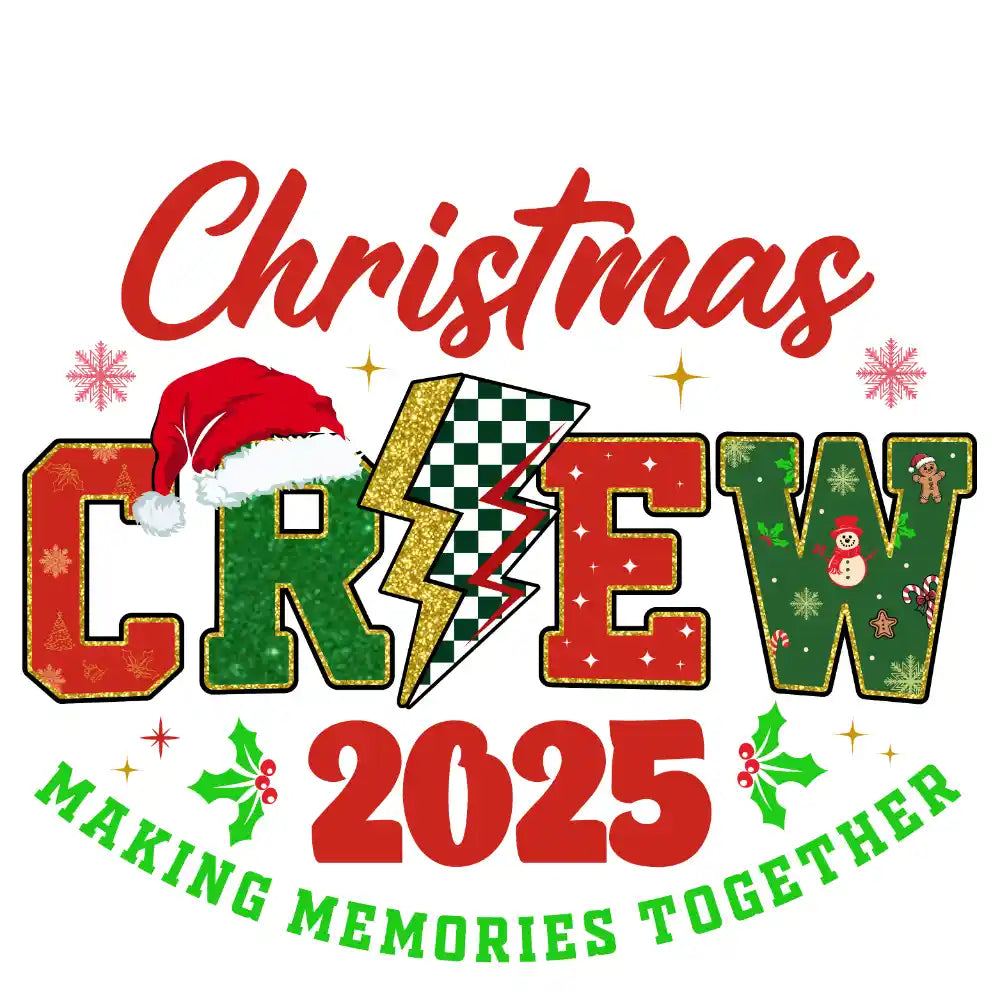 Christmas Crew 2025 design with glittery letters, Santa hat, snowflakes, and holiday icons