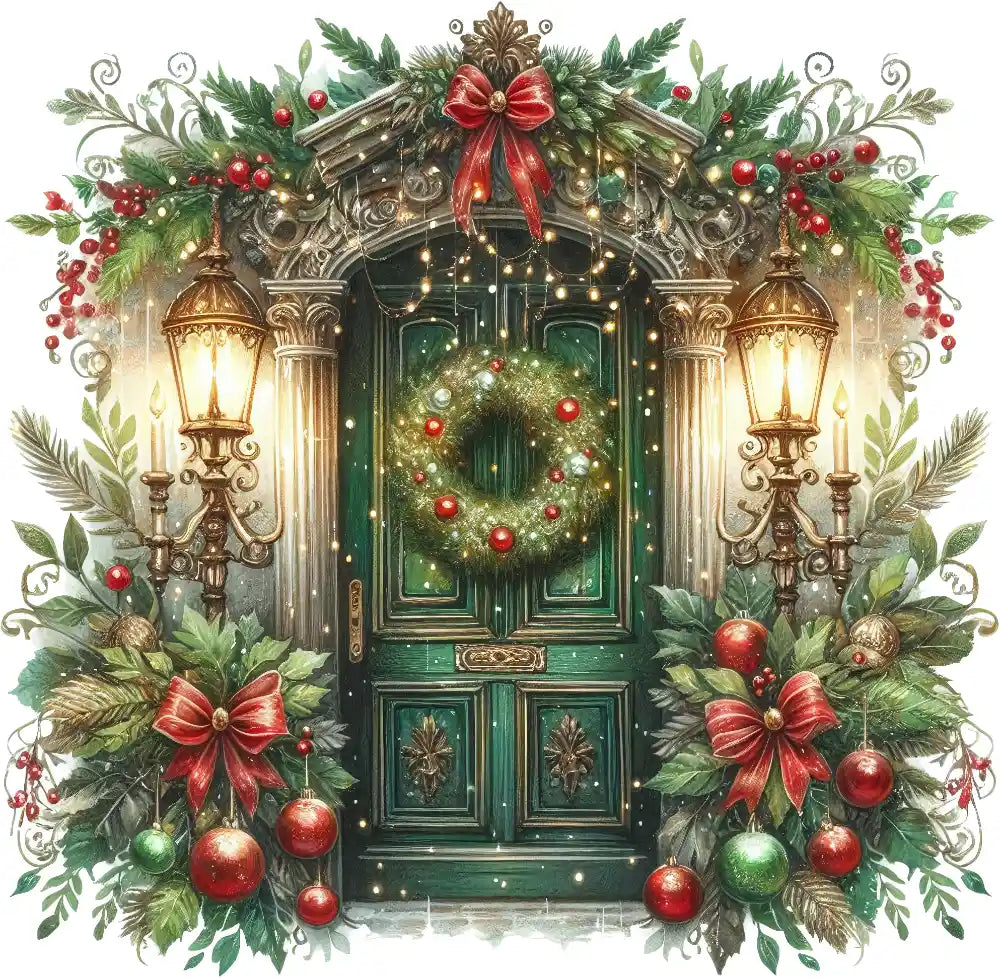 Festive green door with Christmas wreath, red bows, ornaments, lanterns, and holiday greenery