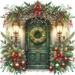 Festive green door with Christmas wreath, red bows, ornaments, lanterns, and holiday greenery