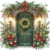 Festive green door with Christmas wreath, red bows, ornaments, lanterns, and holiday greenery