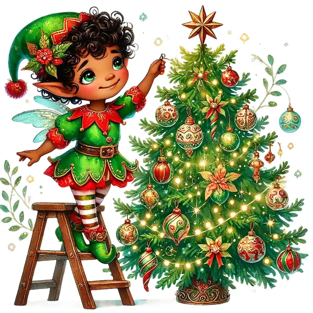 Cute Christmas elf on ladder decorating festive tree with ornaments and lights