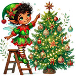 Cute Christmas elf on ladder decorating festive tree with ornaments and lights