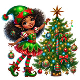 Cute Christmas elf with curly hair decorating a festive Christmas tree with colorful ornaments and lights