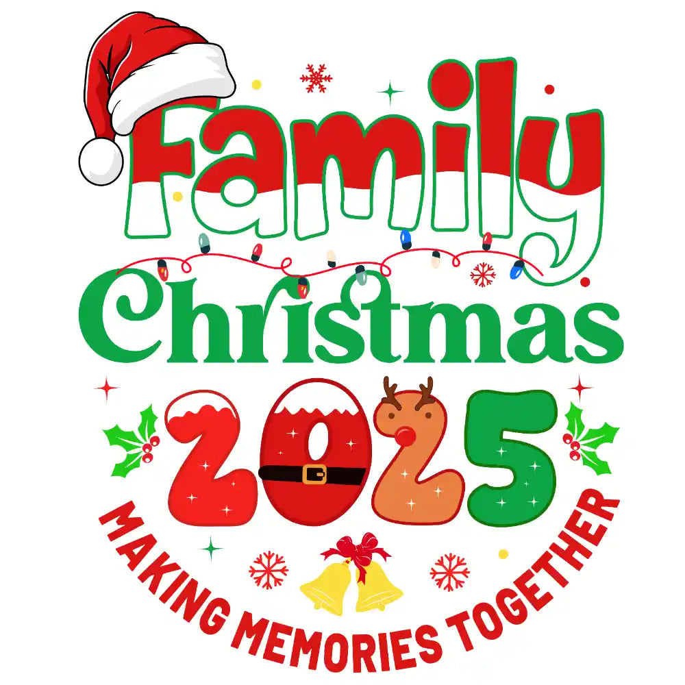 Festive Christmas 2025 design with Santa hat, holiday lights, holly, and Family Christmas 2025 Making Memories Together text