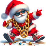 Stylish Santa Claus wearing sunglasses, gold chain, red outfit, sitting with Christmas ornaments