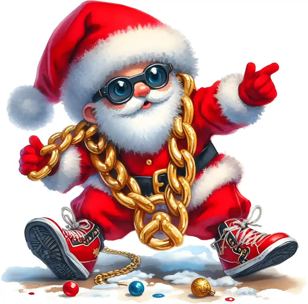 Stylish Santa Claus wearing sunglasses, gold chain, red outfit, sitting with Christmas ornaments