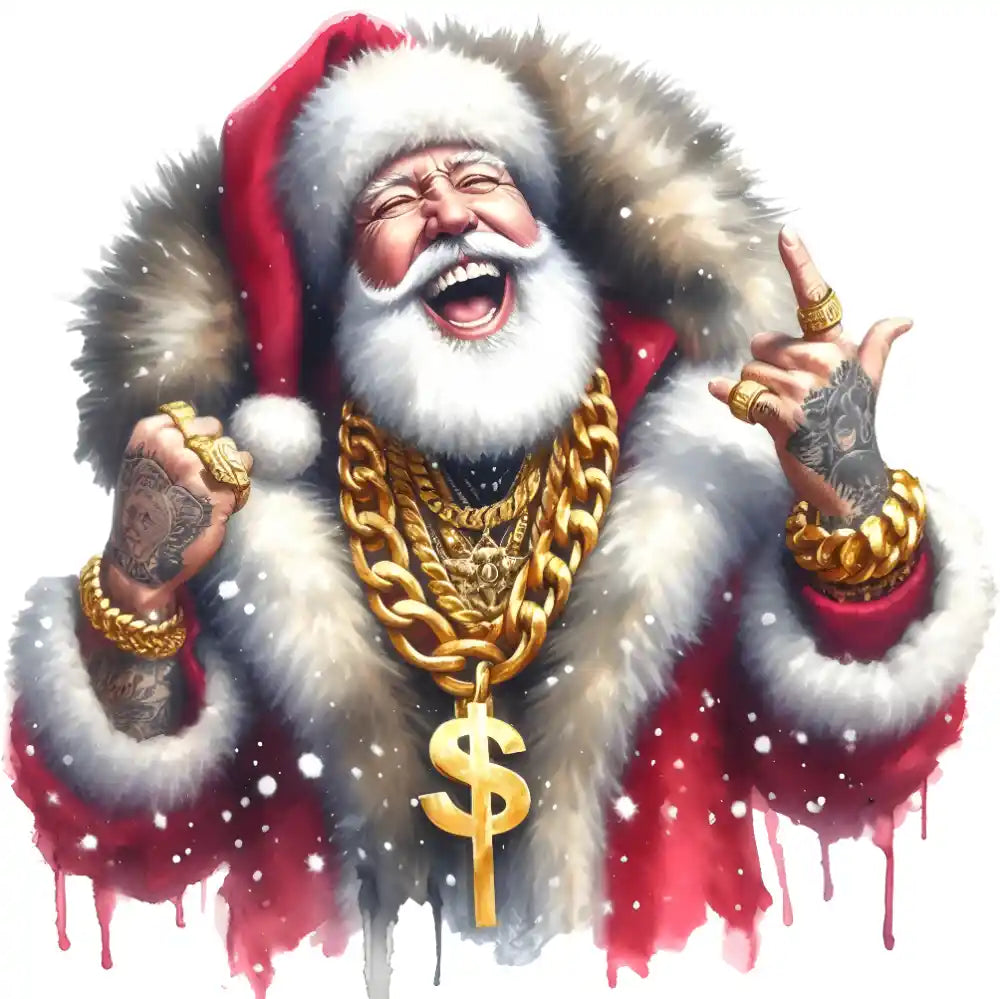 Laughing Santa Claus with gold chains, tattoos, and dollar sign pendant wearing red and white fur coat