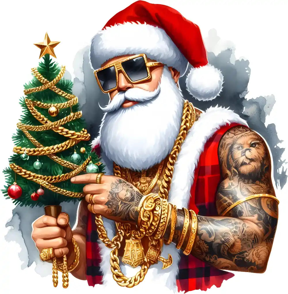 Stylish Santa with gold chains, sunglasses, tattoos, and Christmas tree wearing red Santa hat