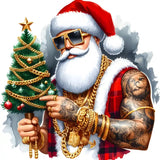 Stylish Santa with gold chains, sunglasses, tattoos, and Christmas tree wearing red Santa hat