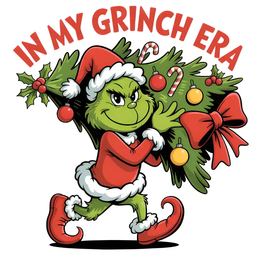 Cartoon Grinch in Santa outfit carrying decorated Christmas tree with ornaments and holly