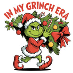 Cartoon Grinch in Santa outfit carrying decorated Christmas tree with ornaments and holly