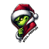 Green Grinch character in red Santa jacket, partially unzipped, with text 'Still...People?'