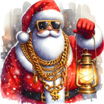 Cool Santa wearing gold chains, sunglasses, red hat, holding lantern with snowflakes