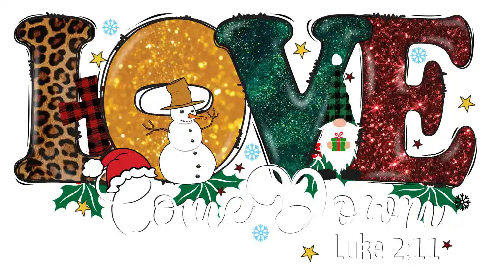 Glittery LOVE letters with Christmas elements including snowman, holly, and gnome on festive background