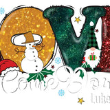 Glittery LOVE letters with Christmas elements including snowman, holly, and gnome on festive background