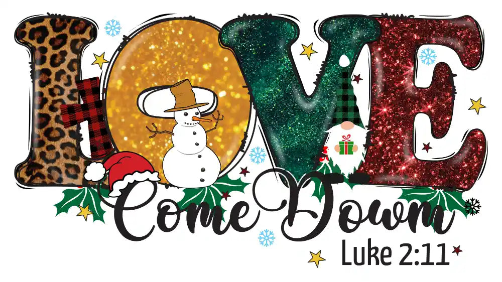 Glittery LOVE letters with Christmas themed decorations including snowman, gnome, holly, snowflakes