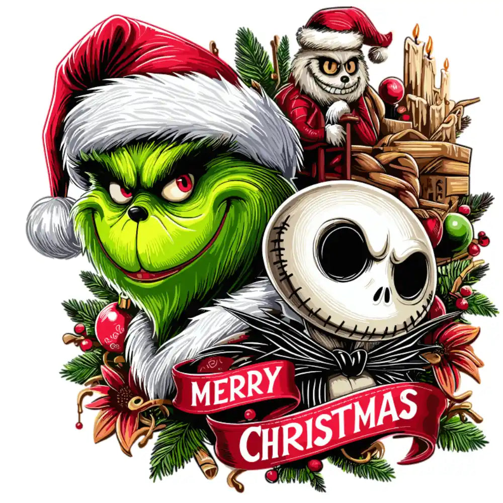 Christmas characters Grinch and Jack Skellington with Merry Christmas banner and holiday decorations