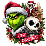 Christmas characters Grinch and Jack Skellington with Merry Christmas banner and holiday decorations