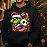 Black hoodie with Grinch, Jack Skellington, and Christmas characters design featuring Merry Christmas text