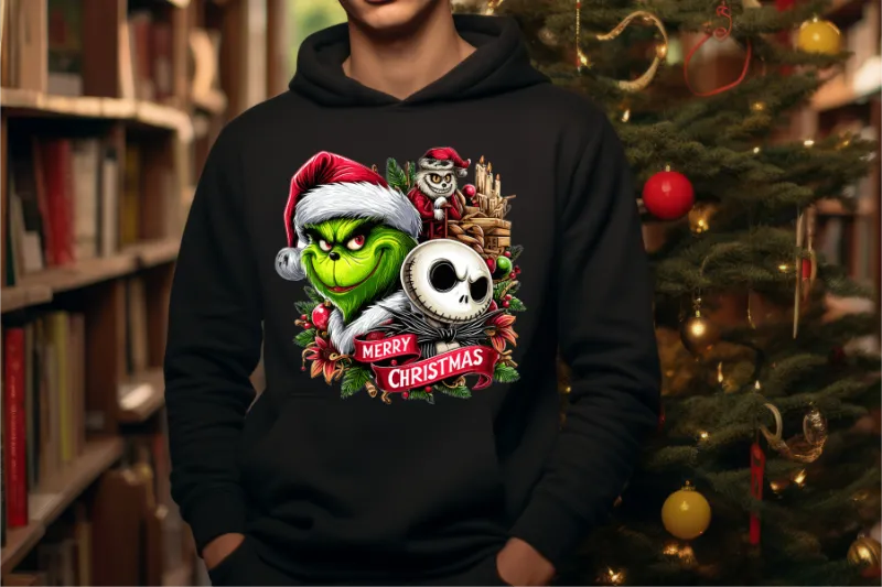 Black hoodie with Grinch, Jack Skellington, and Christmas characters design featuring Merry Christmas text
