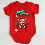 Red baby onesie with cute cartoon reindeer, Merry Christmas text, holiday decorations