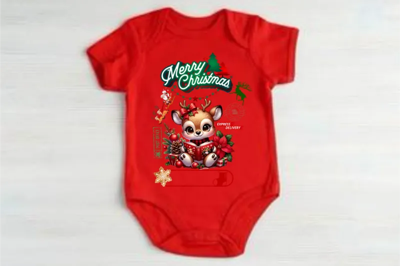 Red baby onesie with cute cartoon reindeer, Merry Christmas text, holiday decorations