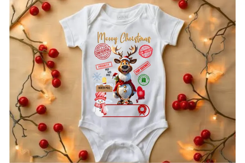 White baby onesie with Christmas reindeer design, red berries, holiday lights, Merry Christmas text and postal stamps