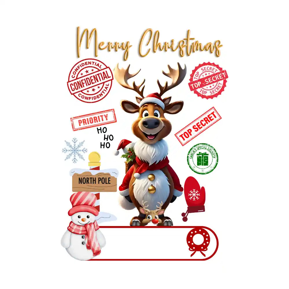 Cartoon reindeer in Santa hat with North Pole sign, Christmas elements, top secret stamps